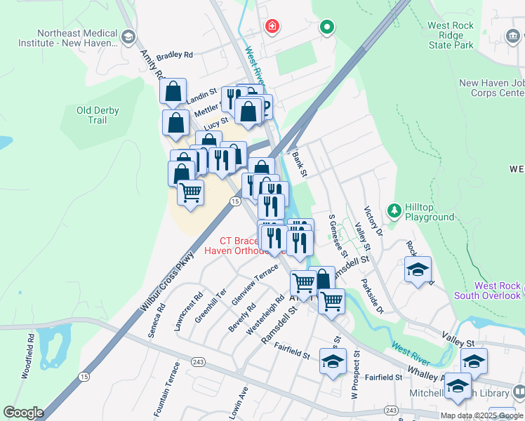 map of restaurants, bars, coffee shops, grocery stores, and more near 95 Amity Road in New Haven