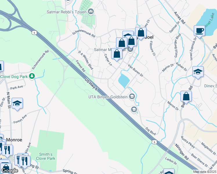 map of restaurants, bars, coffee shops, grocery stores, and more near 4 Quickway Road in Monroe