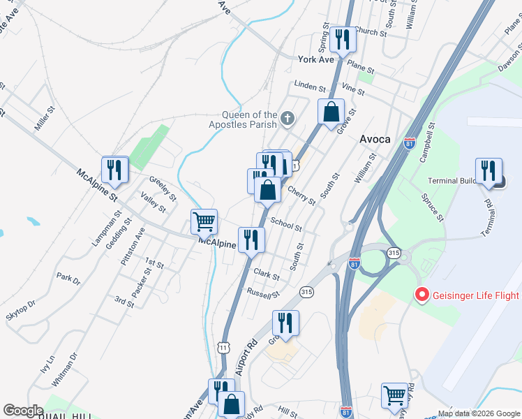map of restaurants, bars, coffee shops, grocery stores, and more near 629 Main Street in Avoca