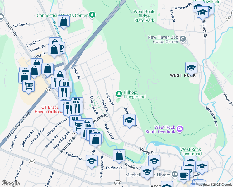 map of restaurants, bars, coffee shops, grocery stores, and more near 28 Hilltop Road in New Haven