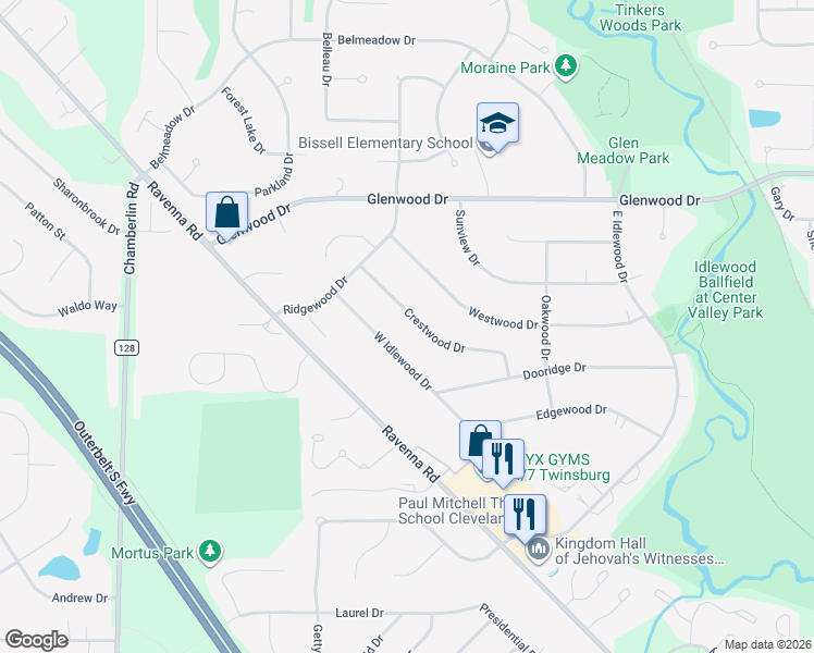map of restaurants, bars, coffee shops, grocery stores, and more near 9913 Crestwood Drive in Twinsburg