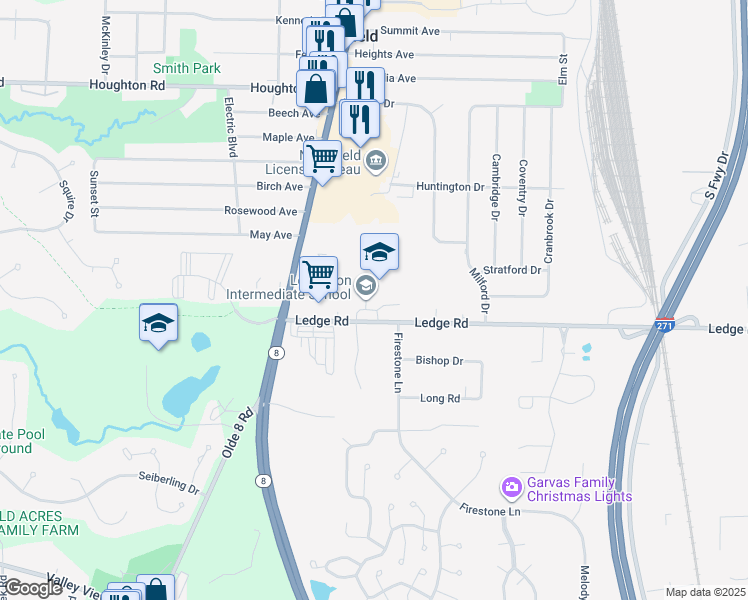 map of restaurants, bars, coffee shops, grocery stores, and more near 115 Ledge Road in Northfield