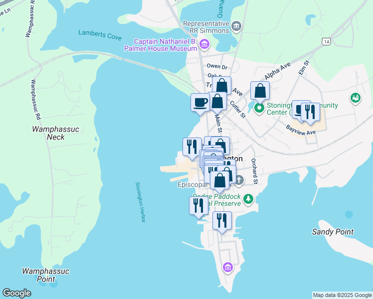 map of restaurants, bars, coffee shops, grocery stores, and more near 13 Front Street in Stonington
