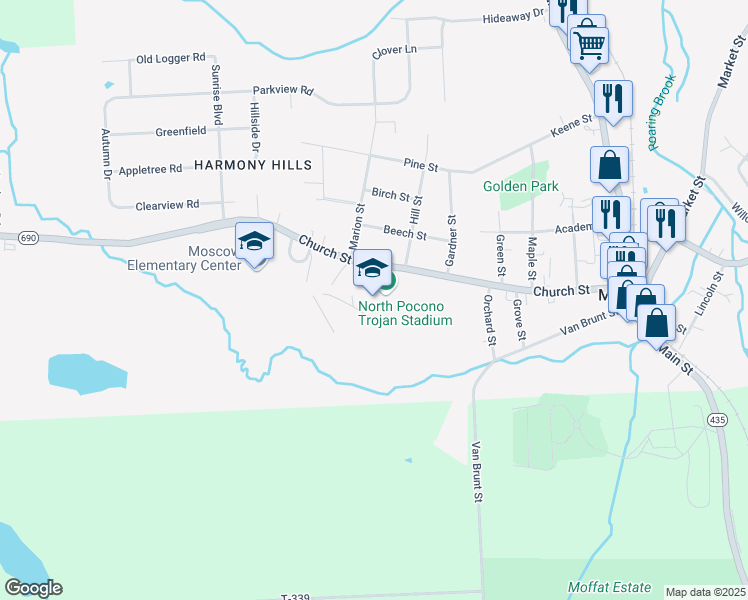 map of restaurants, bars, coffee shops, grocery stores, and more near 701 Church Street in Moscow