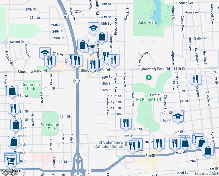 map of restaurants, bars, coffee shops, grocery stores, and more near 708 15th Street in Peru