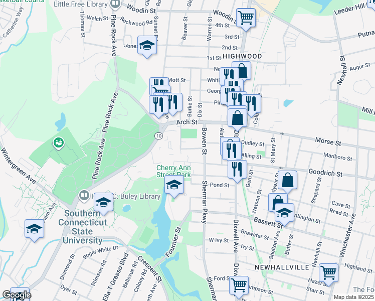 map of restaurants, bars, coffee shops, grocery stores, and more near 105 West Easton Street in Hamden