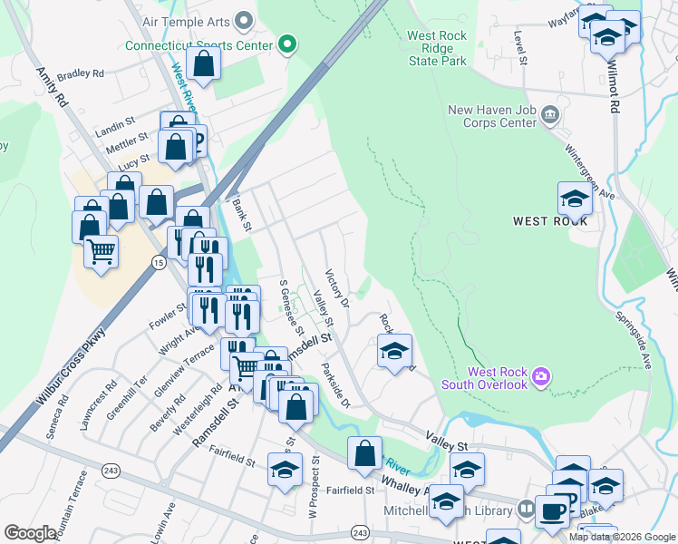 map of restaurants, bars, coffee shops, grocery stores, and more near 28 Hilltop Road in New Haven