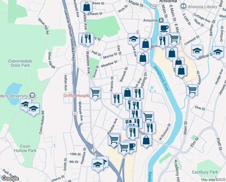 map of restaurants, bars, coffee shops, grocery stores, and more near 3 Rutland Street in Ansonia