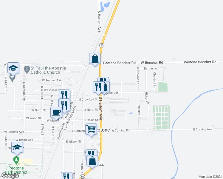 map of restaurants, bars, coffee shops, grocery stores, and more near 500 East Walnut Street in Peotone