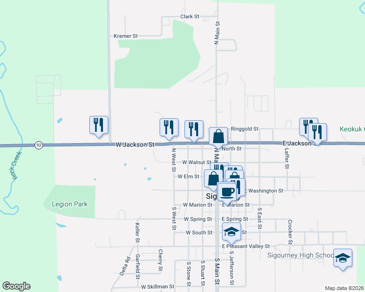 map of restaurants, bars, coffee shops, grocery stores, and more near 300-398 West Jackson Street in Sigourney