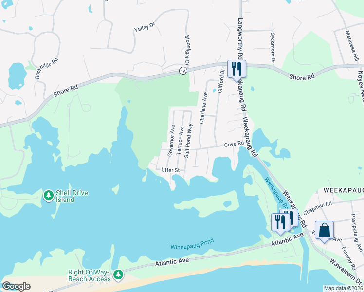 map of restaurants, bars, coffee shops, grocery stores, and more near 25 Terrace Avenue in Westerly