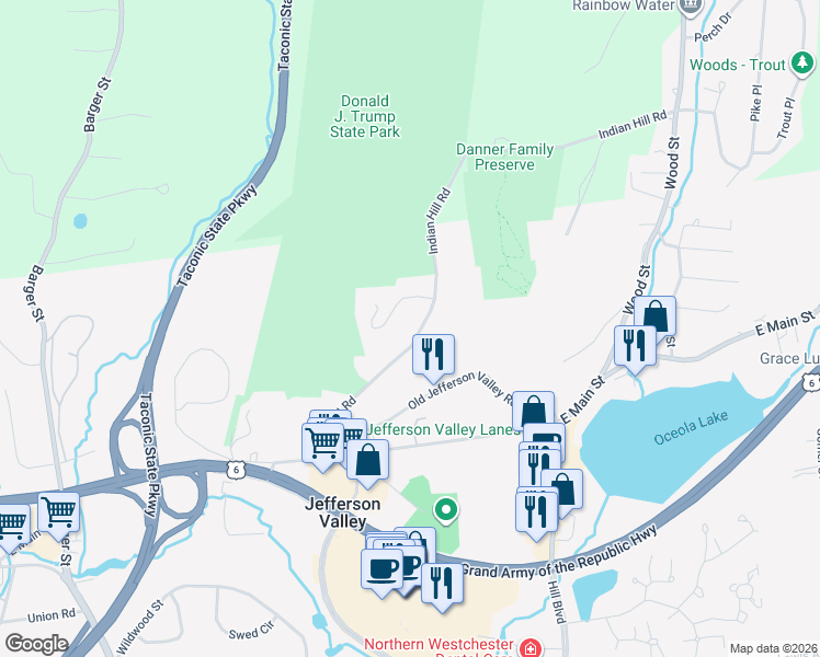 map of restaurants, bars, coffee shops, grocery stores, and more near 3854 Indian Hill Road in Shrub Oak