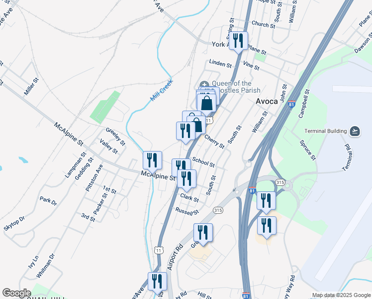 map of restaurants, bars, coffee shops, grocery stores, and more near 529 Main Street in Avoca