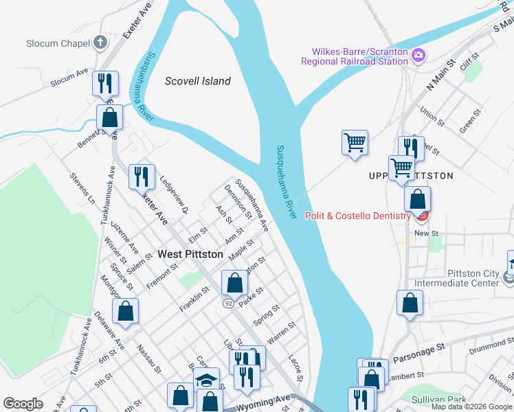map of restaurants, bars, coffee shops, grocery stores, and more near 202 Susquehanna Avenue in Luzerne County