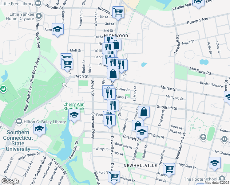 map of restaurants, bars, coffee shops, grocery stores, and more near 60 Dudley Street in Hamden