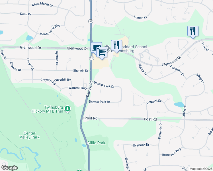 map of restaurants, bars, coffee shops, grocery stores, and more near 9973 Darrow Park Drive in Twinsburg