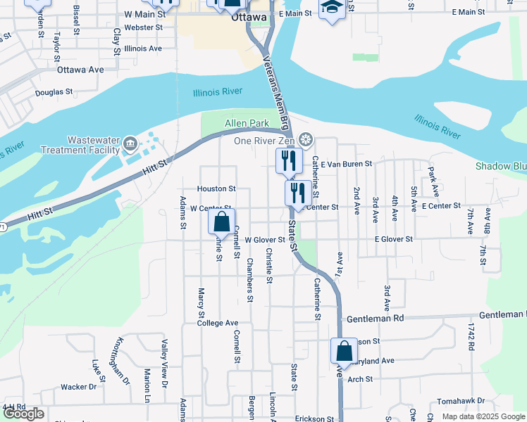 map of restaurants, bars, coffee shops, grocery stores, and more near 208 West Center Street in Ottawa