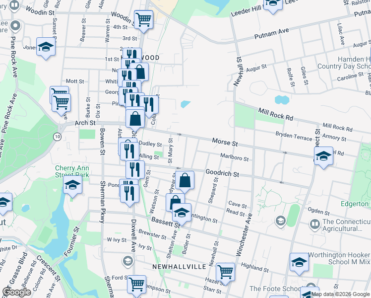 map of restaurants, bars, coffee shops, grocery stores, and more near 508 Shelton Avenue in Hamden