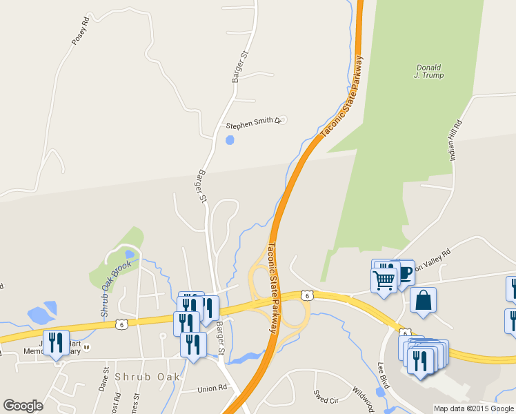 map of restaurants, bars, coffee shops, grocery stores, and more near 411 Trump Park in Shrub Oak