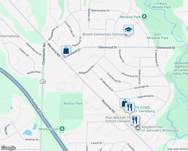 map of restaurants, bars, coffee shops, grocery stores, and more near 1664 West Idlewood Drive in Twinsburg