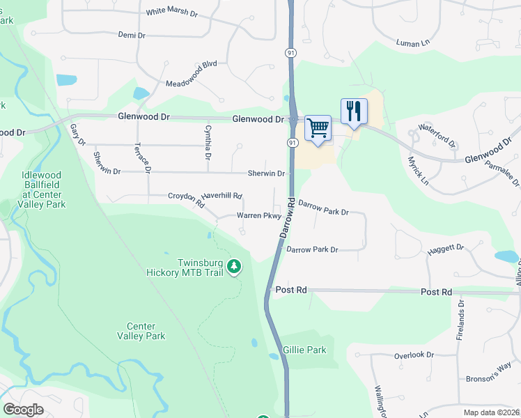 map of restaurants, bars, coffee shops, grocery stores, and more near 2472 Warren Parkway in Twinsburg