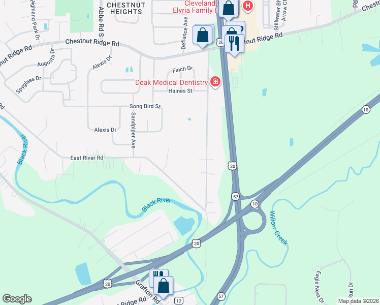 map of restaurants, bars, coffee shops, grocery stores, and more near 137 Timber Ridge Drive in Elyria