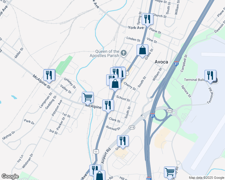 map of restaurants, bars, coffee shops, grocery stores, and more near 629 Main St in Avoca