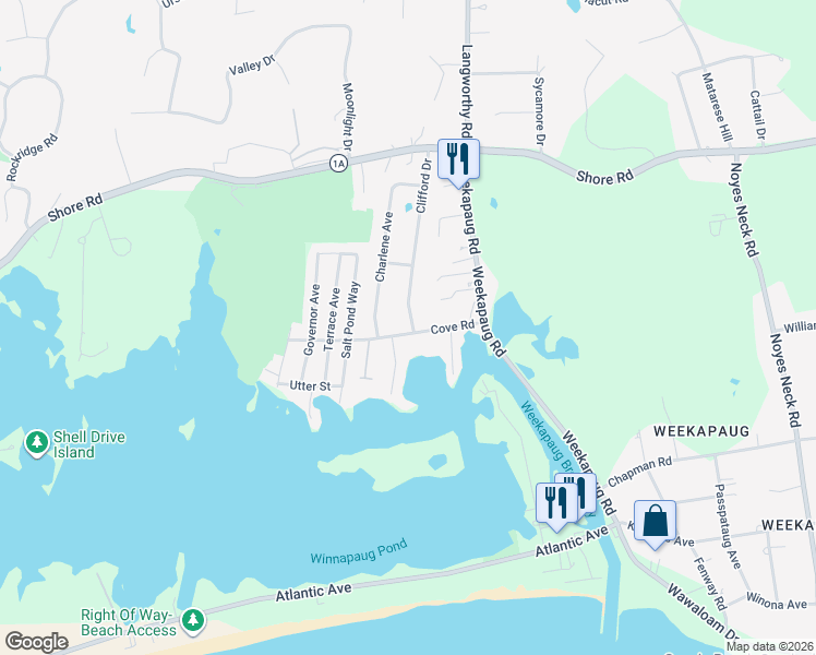 map of restaurants, bars, coffee shops, grocery stores, and more near 3 Clifford Drive in Westerly
