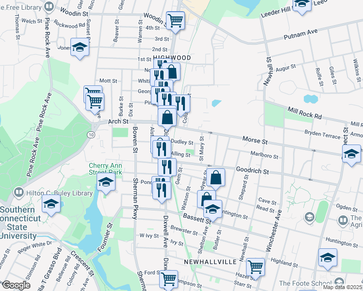 map of restaurants, bars, coffee shops, grocery stores, and more near 60 Dudley Street in Hamden