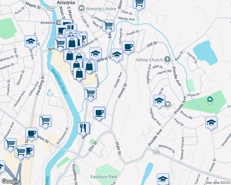 map of restaurants, bars, coffee shops, grocery stores, and more near 111 Hodge Avenue in Ansonia