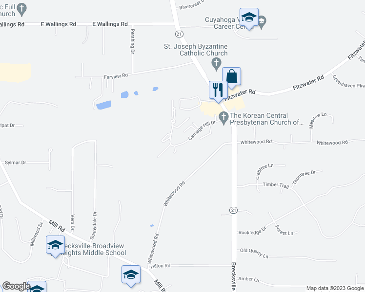 map of restaurants, bars, coffee shops, grocery stores, and more near 6990 Carriage Hill Drive in Brecksville