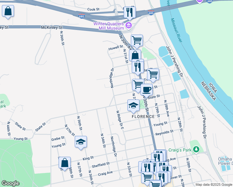 map of restaurants, bars, coffee shops, grocery stores, and more near 3132 Willit Street in Omaha