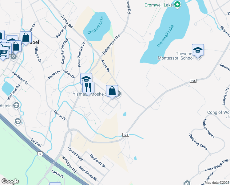 map of restaurants, bars, coffee shops, grocery stores, and more near 47 Acres Road in Woodbury