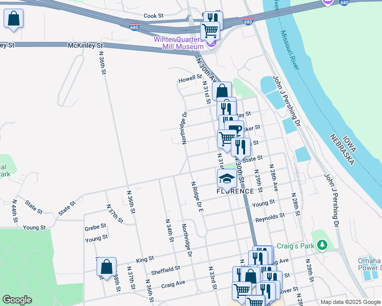 map of restaurants, bars, coffee shops, grocery stores, and more near 3132 Willit Street in Omaha