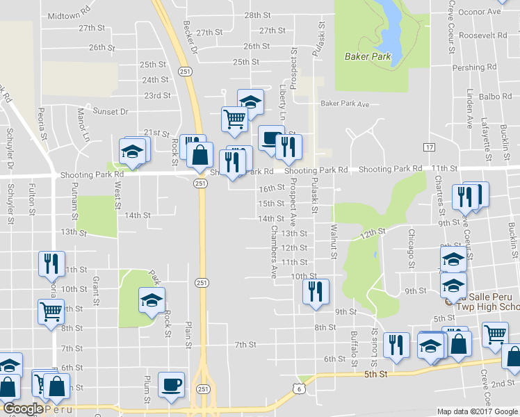 map of restaurants, bars, coffee shops, grocery stores, and more near 1907 Pine Street in Peru