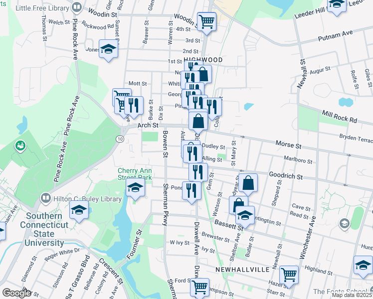 map of restaurants, bars, coffee shops, grocery stores, and more near 16 Easton Street in Hamden