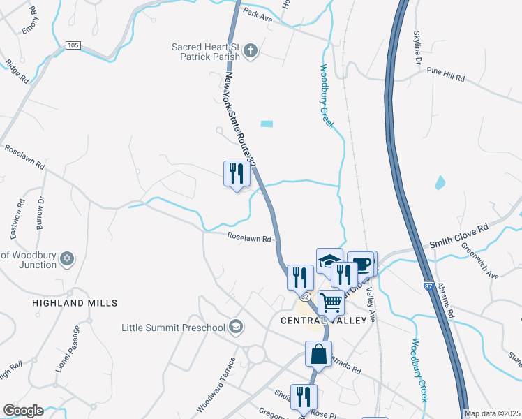 map of restaurants, bars, coffee shops, grocery stores, and more near 349 New York 32 in Woodbury