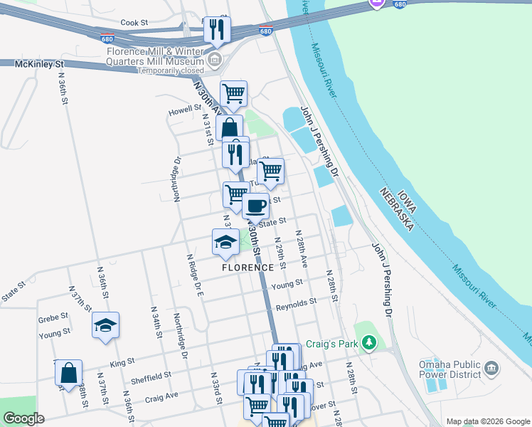 map of restaurants, bars, coffee shops, grocery stores, and more near 8416 North 29th Street in Omaha