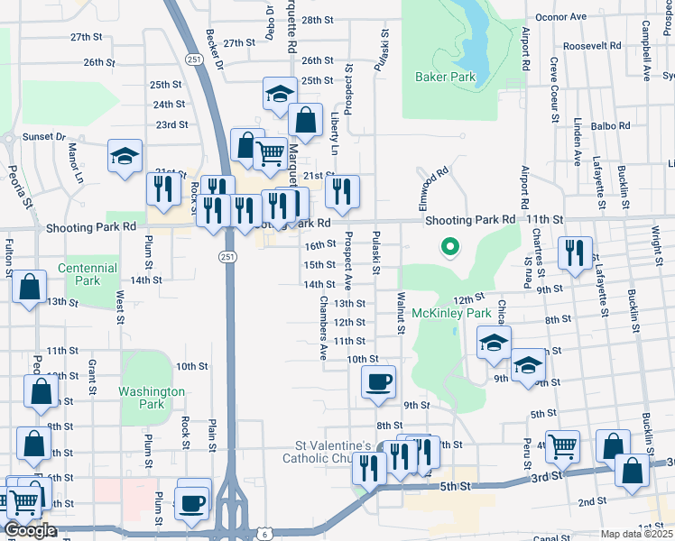 map of restaurants, bars, coffee shops, grocery stores, and more near 708 15th Street in Peru