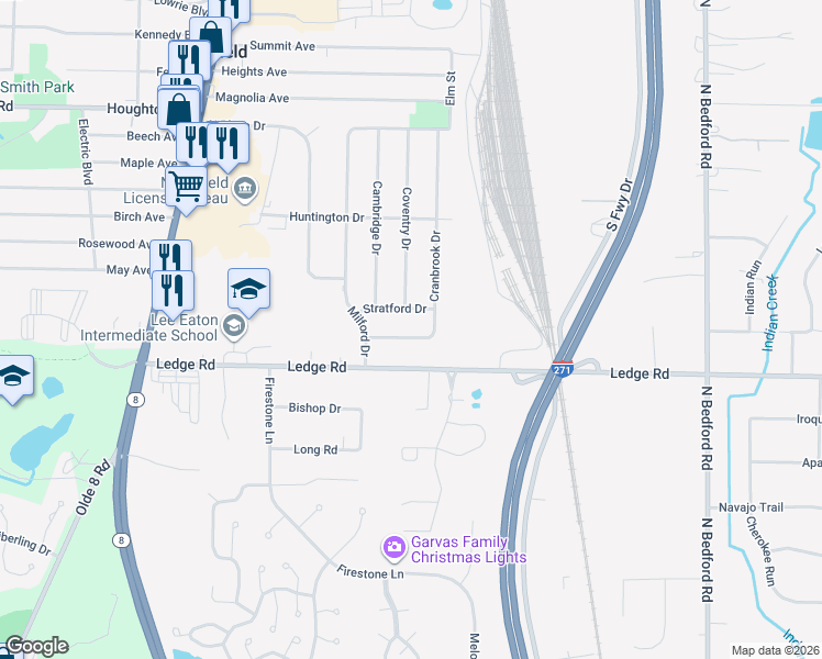 map of restaurants, bars, coffee shops, grocery stores, and more near 9032 Cranbrook Dr in Northfield