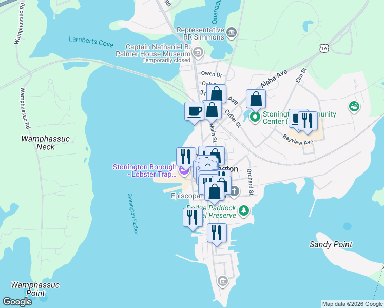 map of restaurants, bars, coffee shops, grocery stores, and more near 4 Broad Street in Stonington