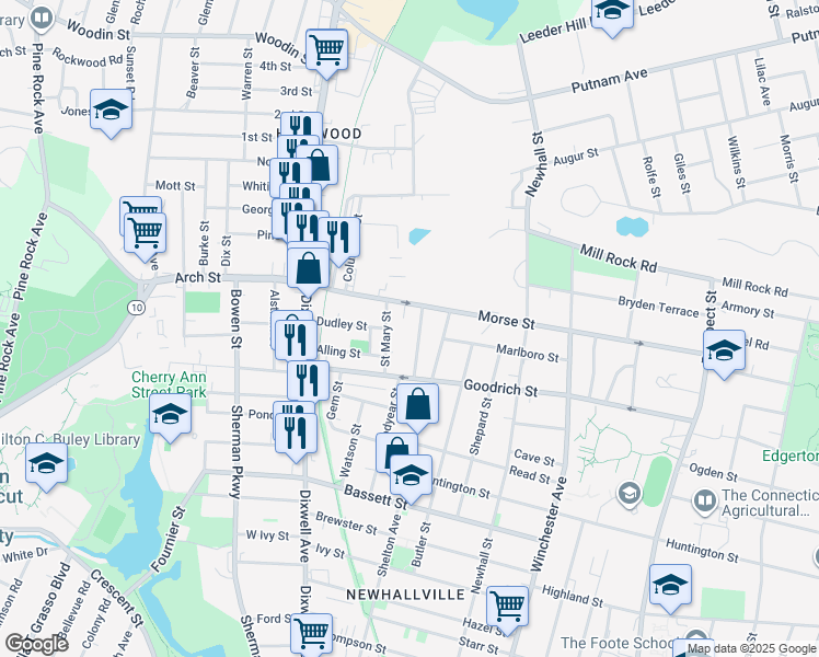 map of restaurants, bars, coffee shops, grocery stores, and more near 53 Saint Mary Street in Hamden