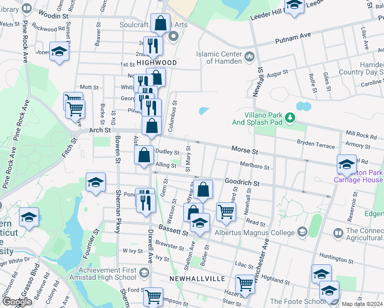map of restaurants, bars, coffee shops, grocery stores, and more near 53 Saint Mary Street in Hamden