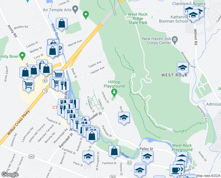 map of restaurants, bars, coffee shops, grocery stores, and more near 28 Hilltop Road in New Haven