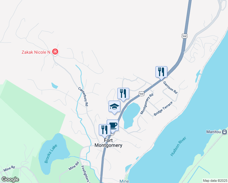 map of restaurants, bars, coffee shops, grocery stores, and more near 74 Corbin Hill Road in Fort Montgomery