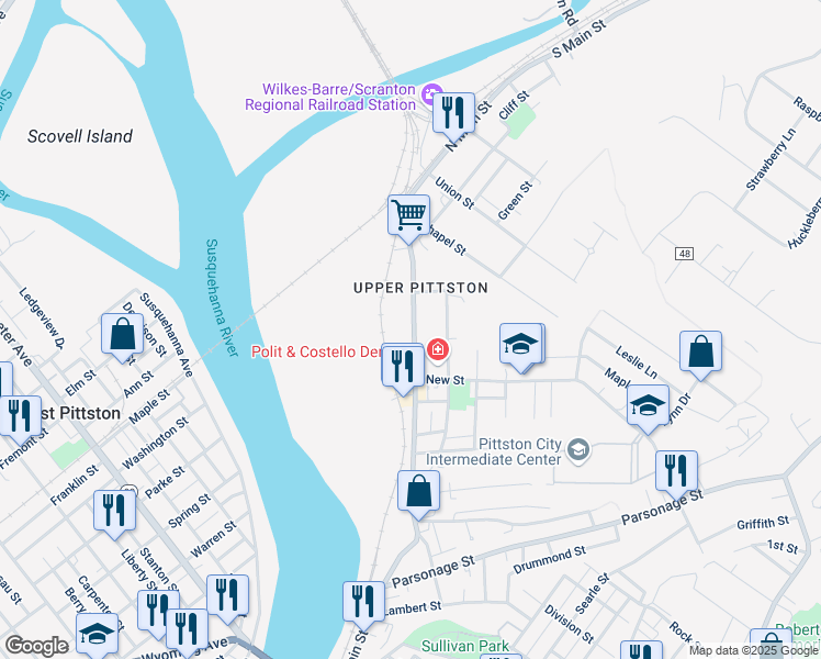 map of restaurants, bars, coffee shops, grocery stores, and more near 110 Cornelia St in Pittston