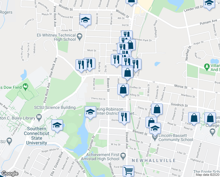 map of restaurants, bars, coffee shops, grocery stores, and more near 62 Easton Street in Hamden