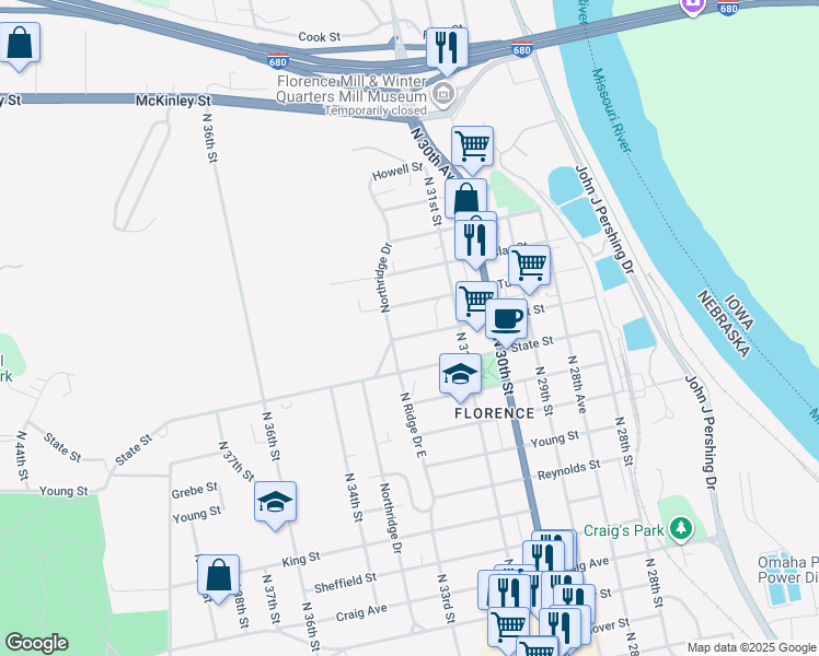 map of restaurants, bars, coffee shops, grocery stores, and more near 3132 Willit Street in Omaha