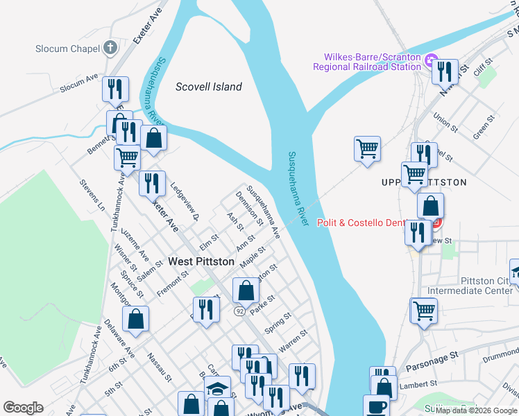 map of restaurants, bars, coffee shops, grocery stores, and more near 202 Susquehanna Avenue in Luzerne County