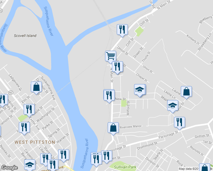 map of restaurants, bars, coffee shops, grocery stores, and more near 562 N Main St in Pittston